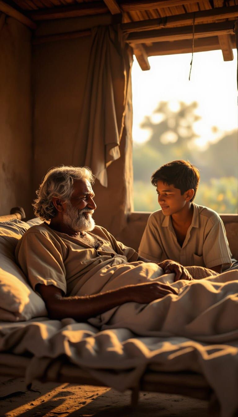 Father's Advice: Indian Farmer Shares Wisdom on His Cot