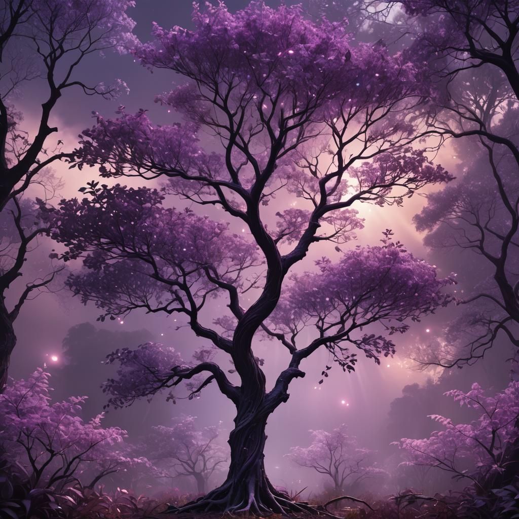 Magical Tree with Iridescent Leaves: Digital Matte Painting