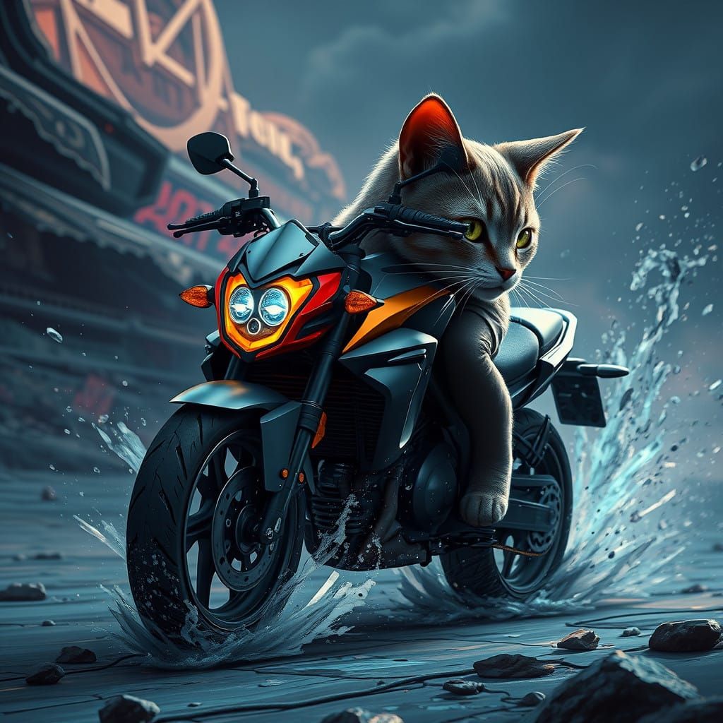 Futuristic Feline Rides a High-Tech Motorcycle