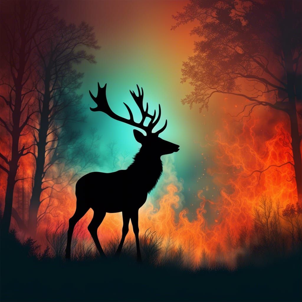 Deer Silhouette in Forest Fire with Vivid Colors