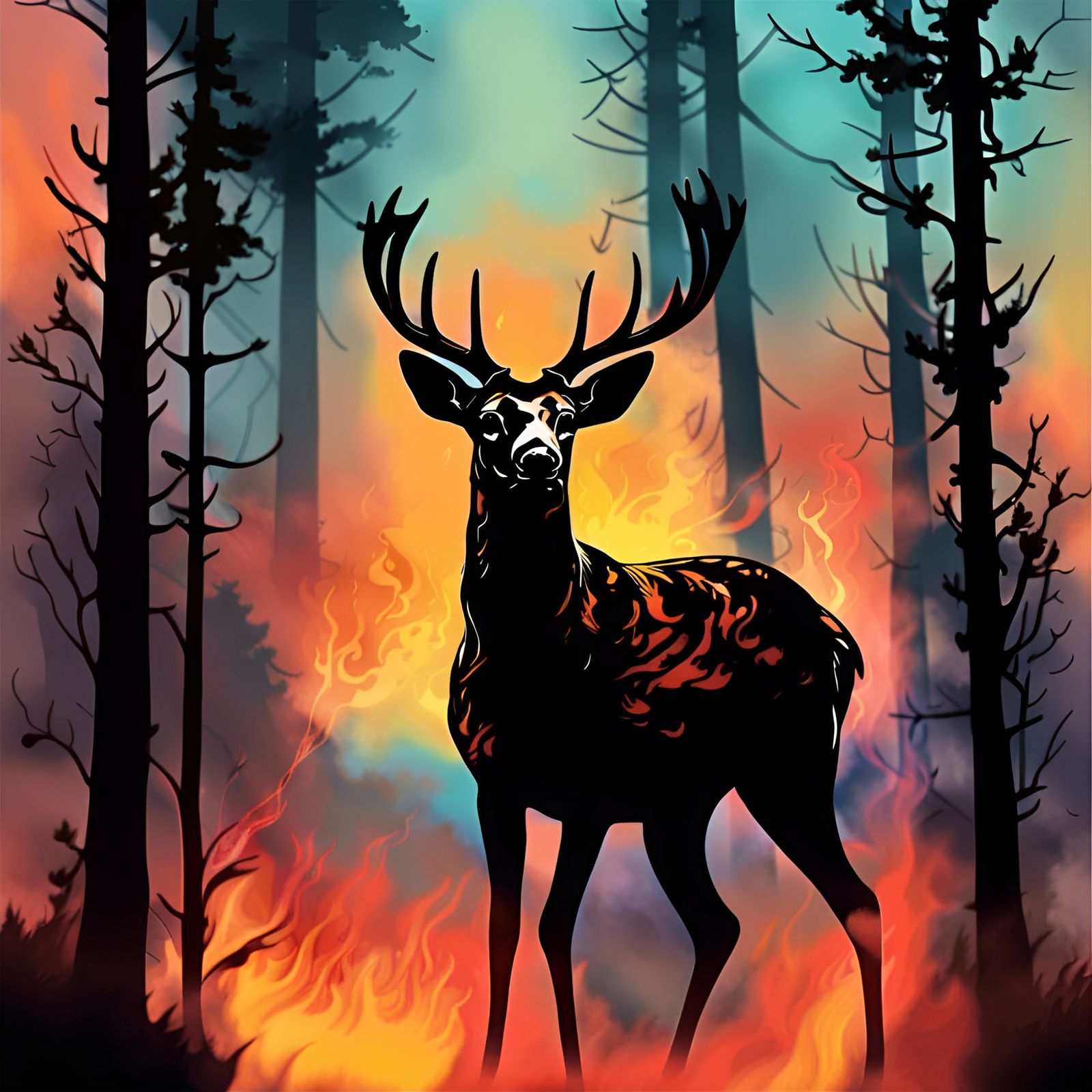 Deer Silhouette in Forest Fire