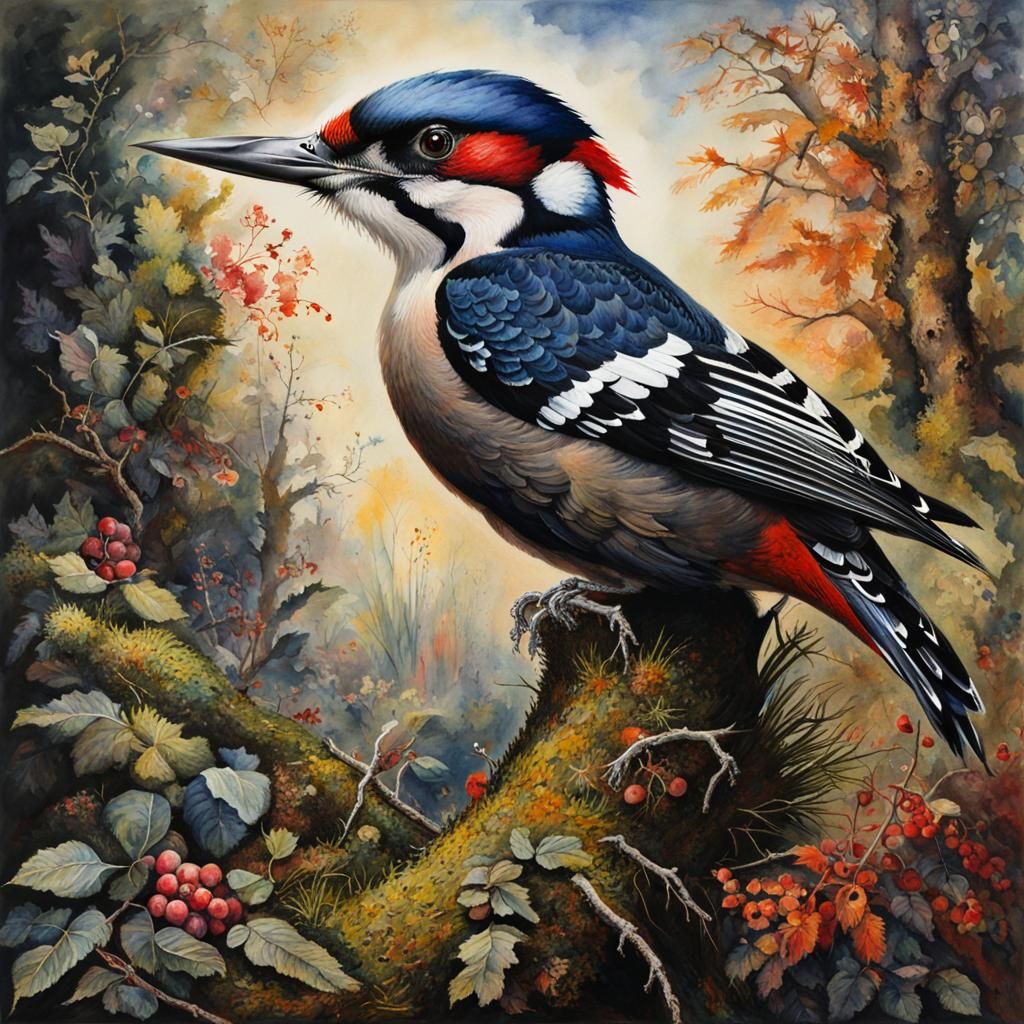 Woodpecker in Dark Watercolour Fantasy Landscape