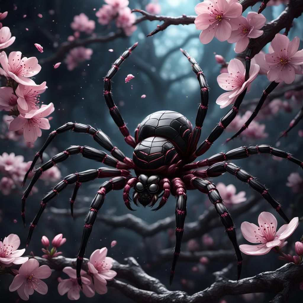 Black Cherry Blossom Spider in Detailed Matte Painting