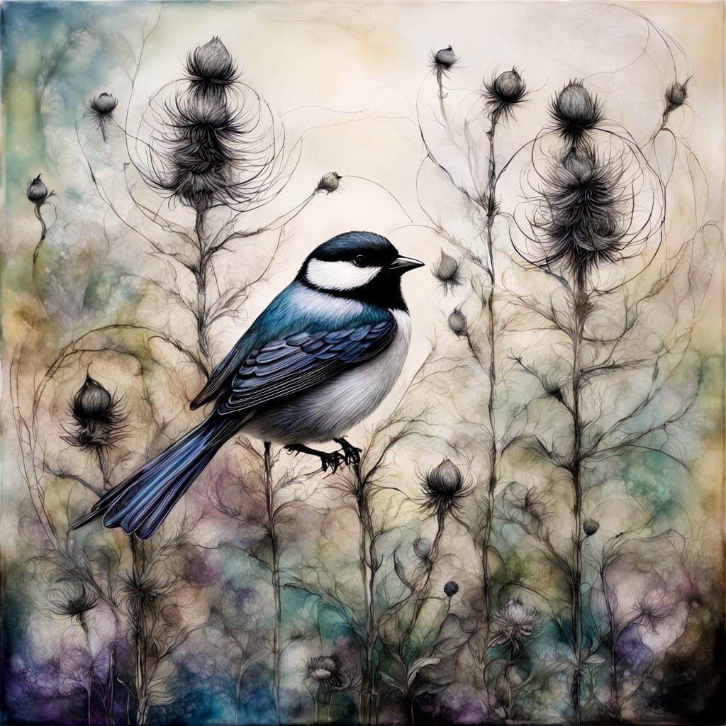 Ethereal Chickadees in Windswept Meadow: Zentangle Art