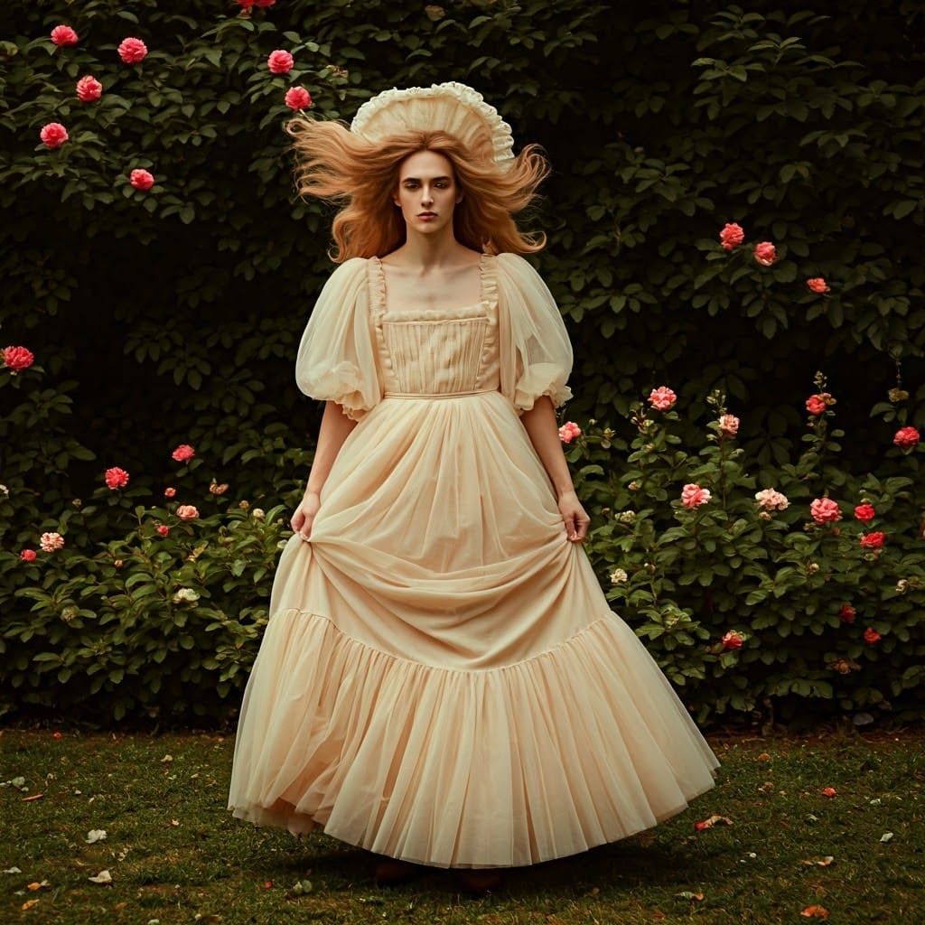 Elegant Young Gentleman Crossdresses in Lush Garden