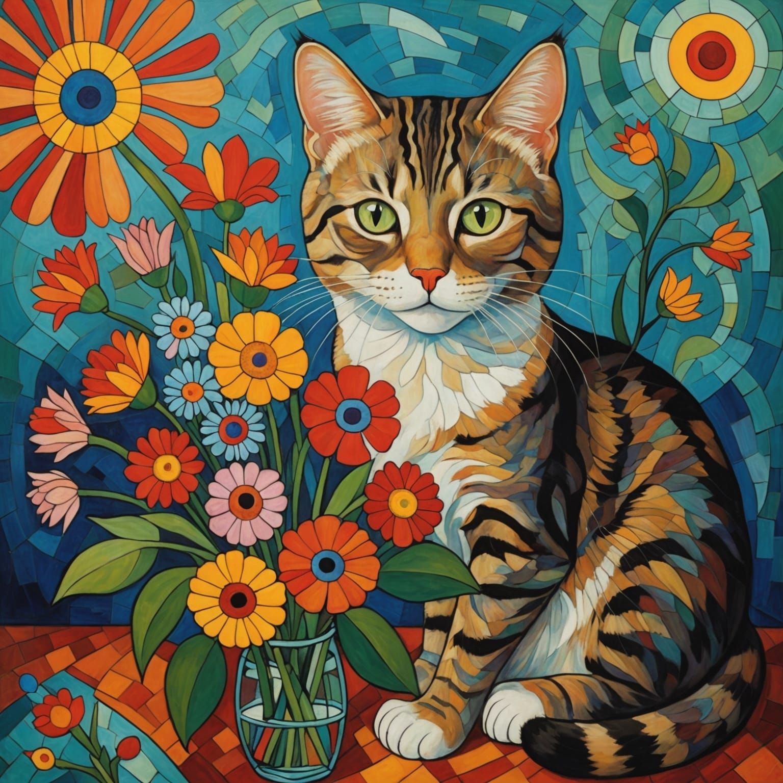 Cat with Flowers in Abstract Expressionist Style