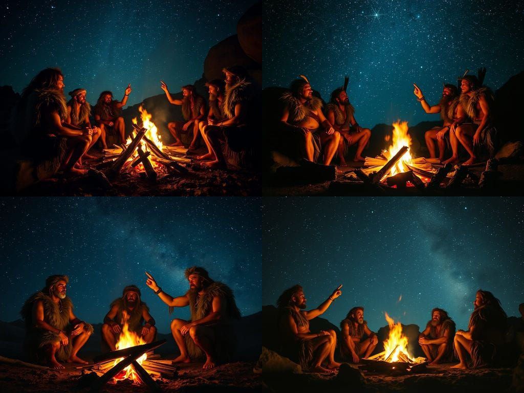 Cavemen Gazing at Starry Sky: Photorealistic Image