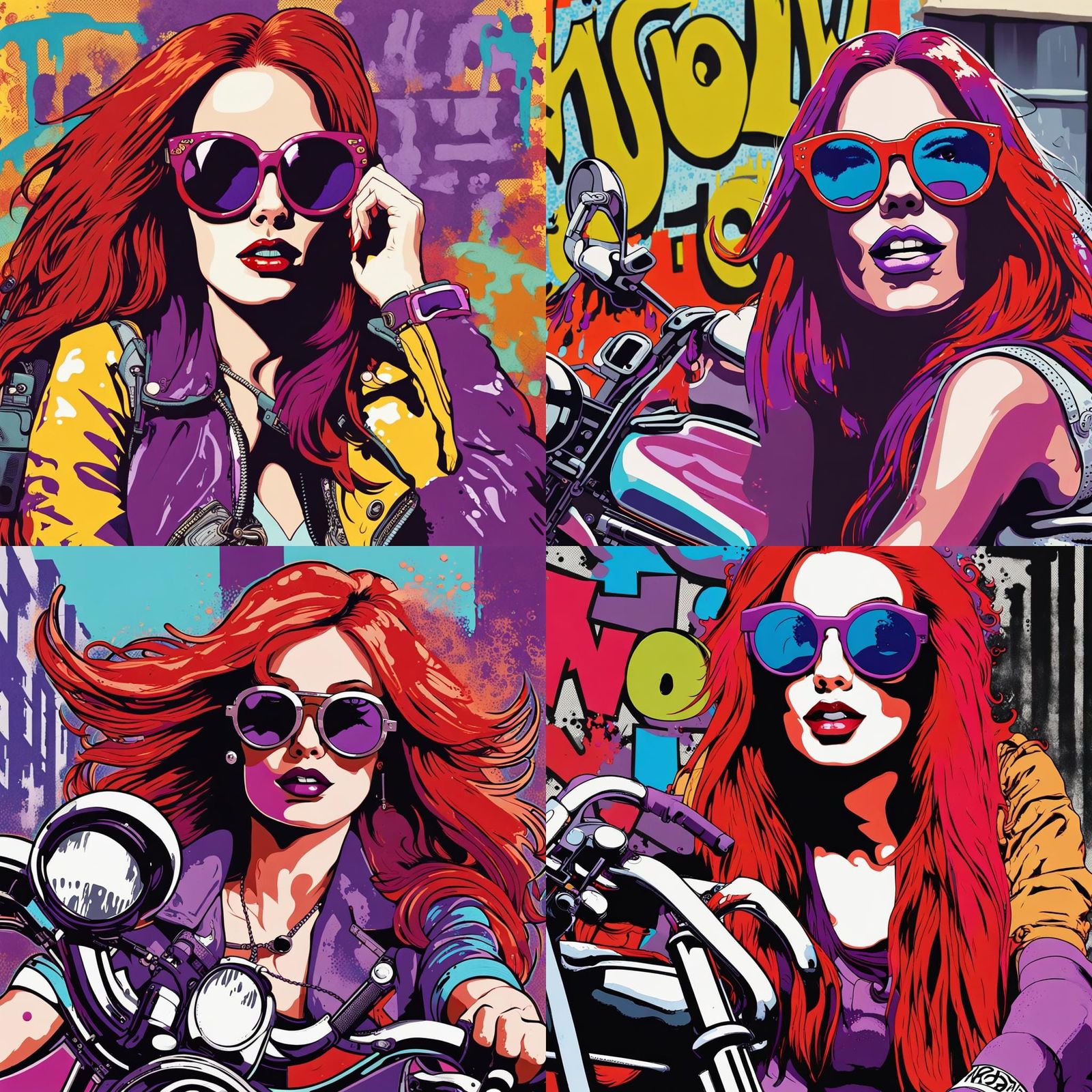 Pop Art Woman on Harley with Mirror Sunglasses
