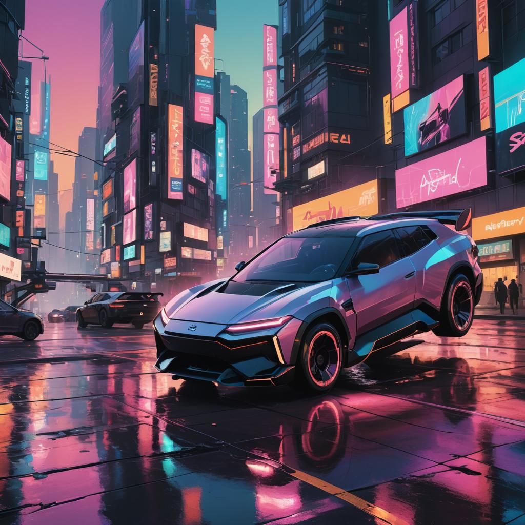 Futuristic Car in Cyberpunk Cityscape