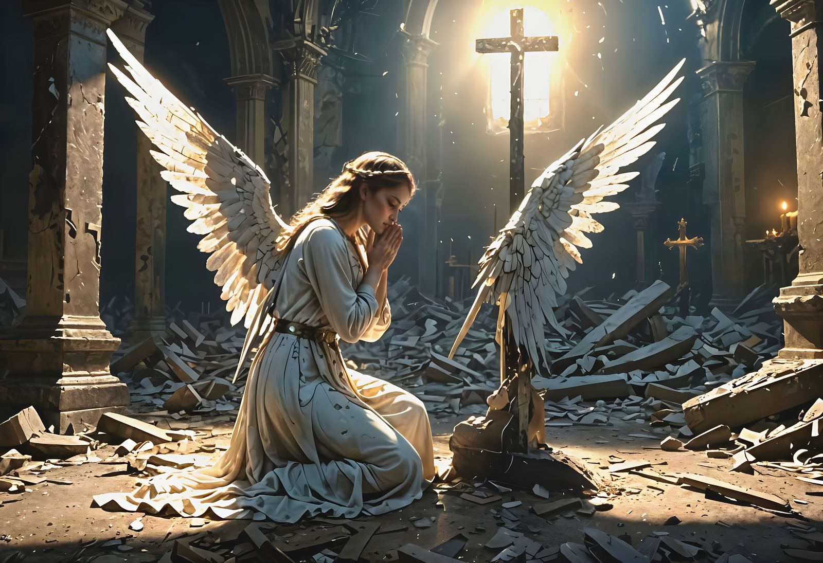 Fallen Angel Praying Before Cross Digital Matte Painting