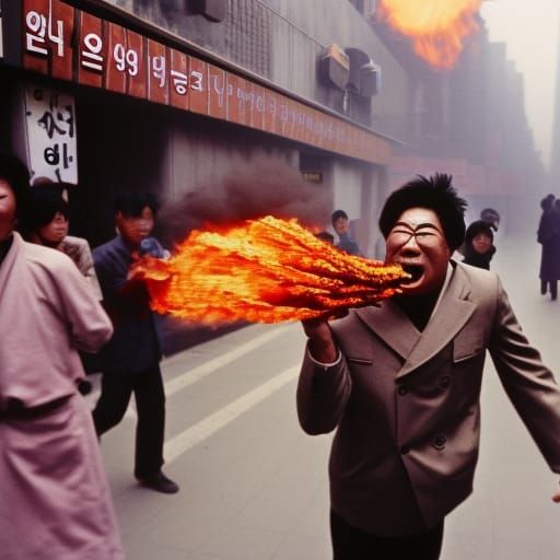 Fiery Seoul Street Performer in Vintage Photo