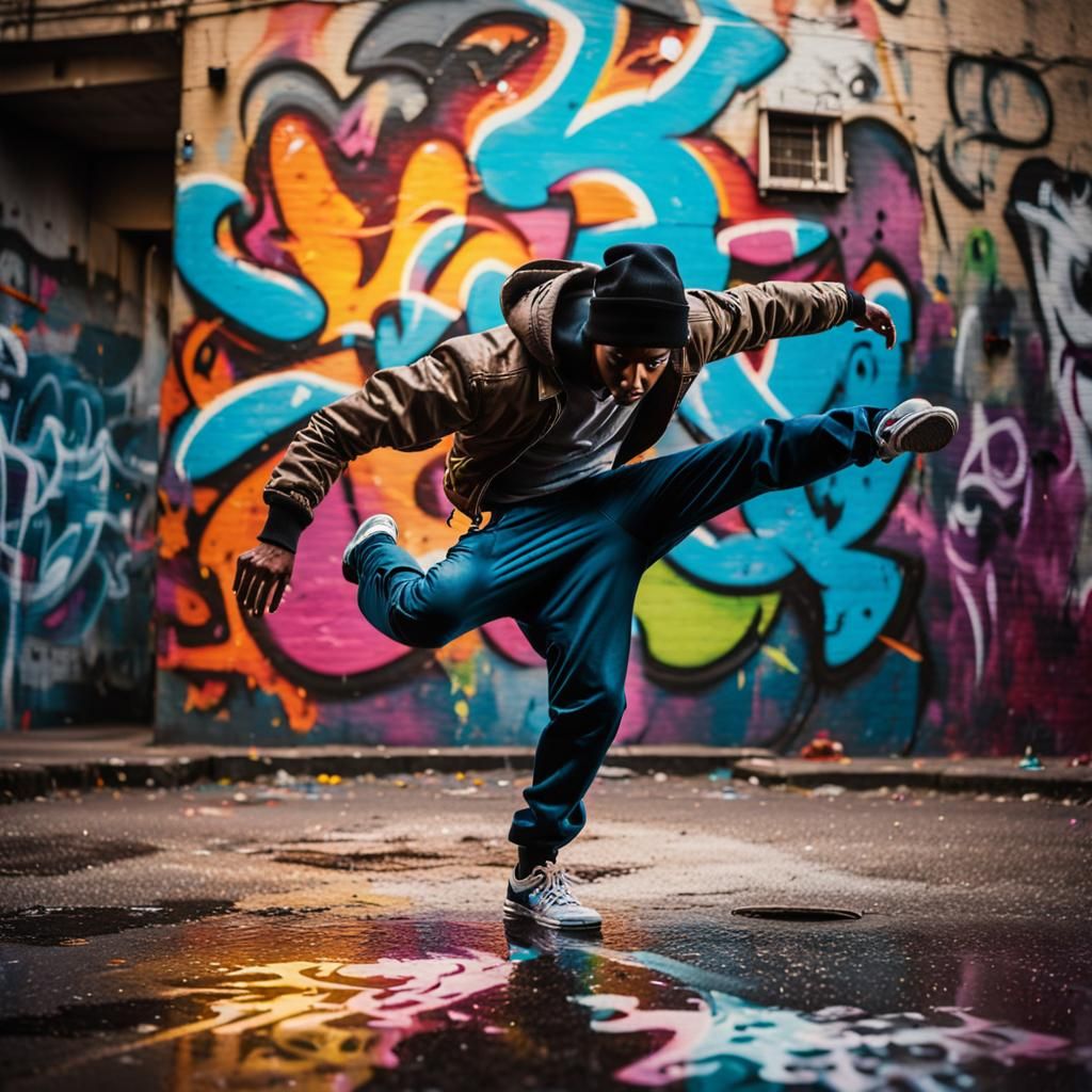 Breakdancer in Alley: Vibrant Street Art in 8k