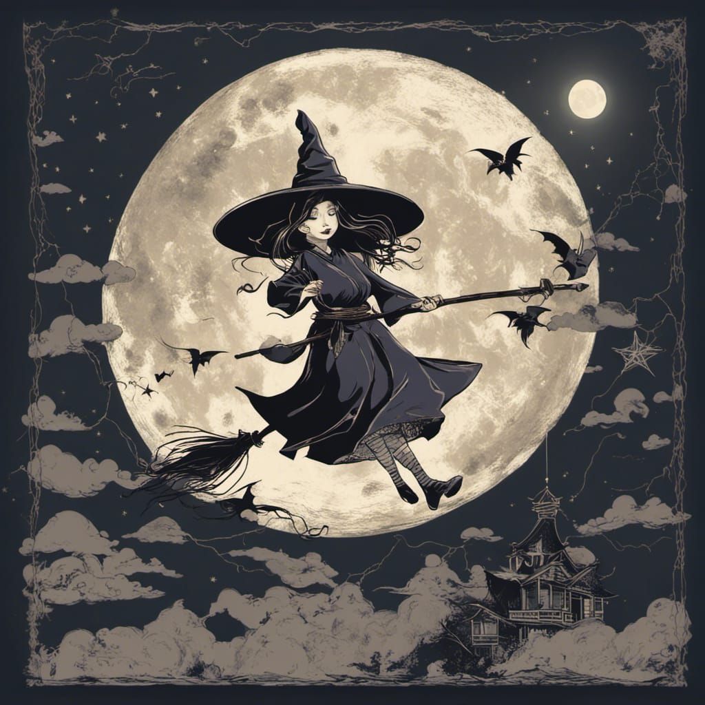 Halloween Witch Rides Broomstick in Ukiyo-e Style