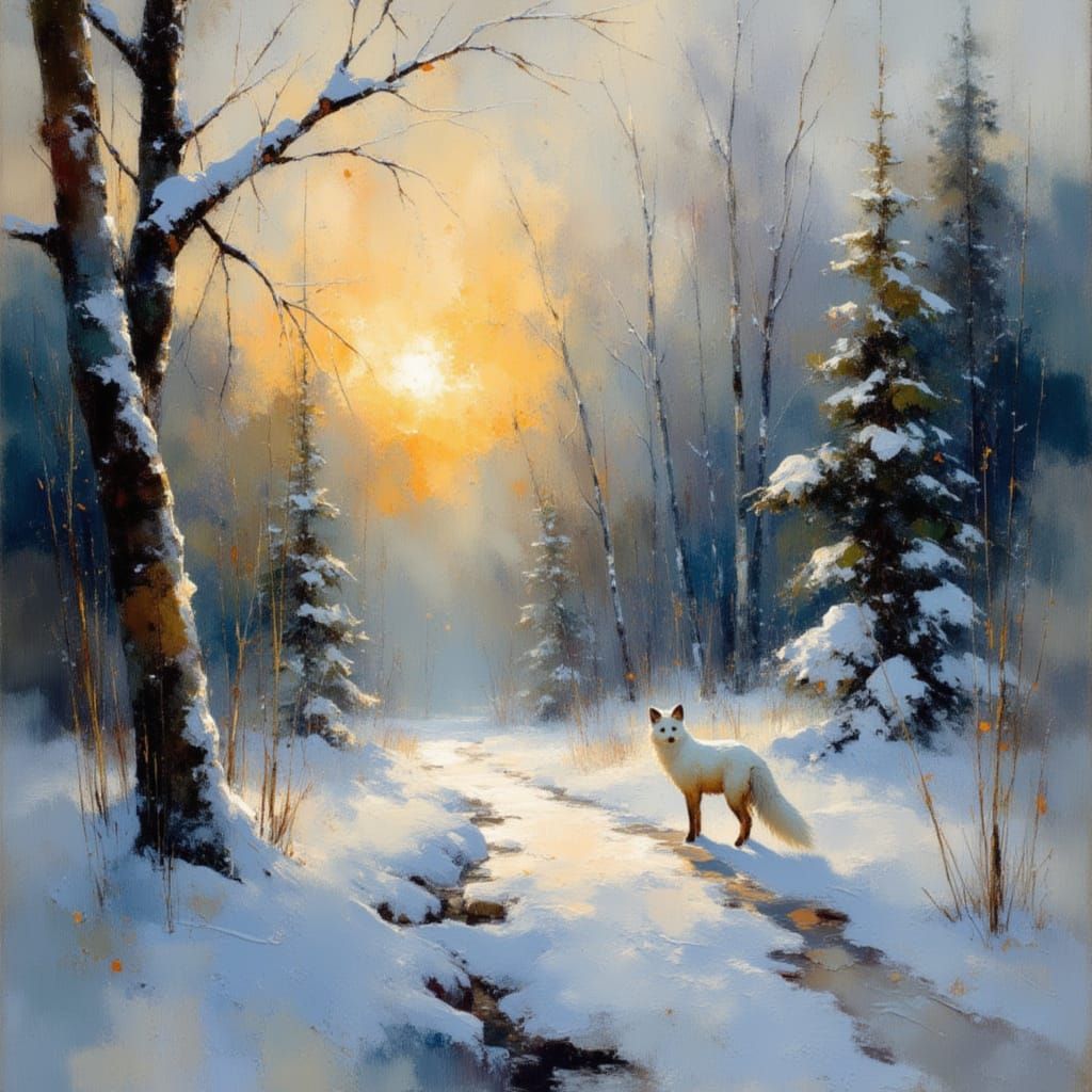 Winter Forest Fox in Impressionistic Oil Painting
