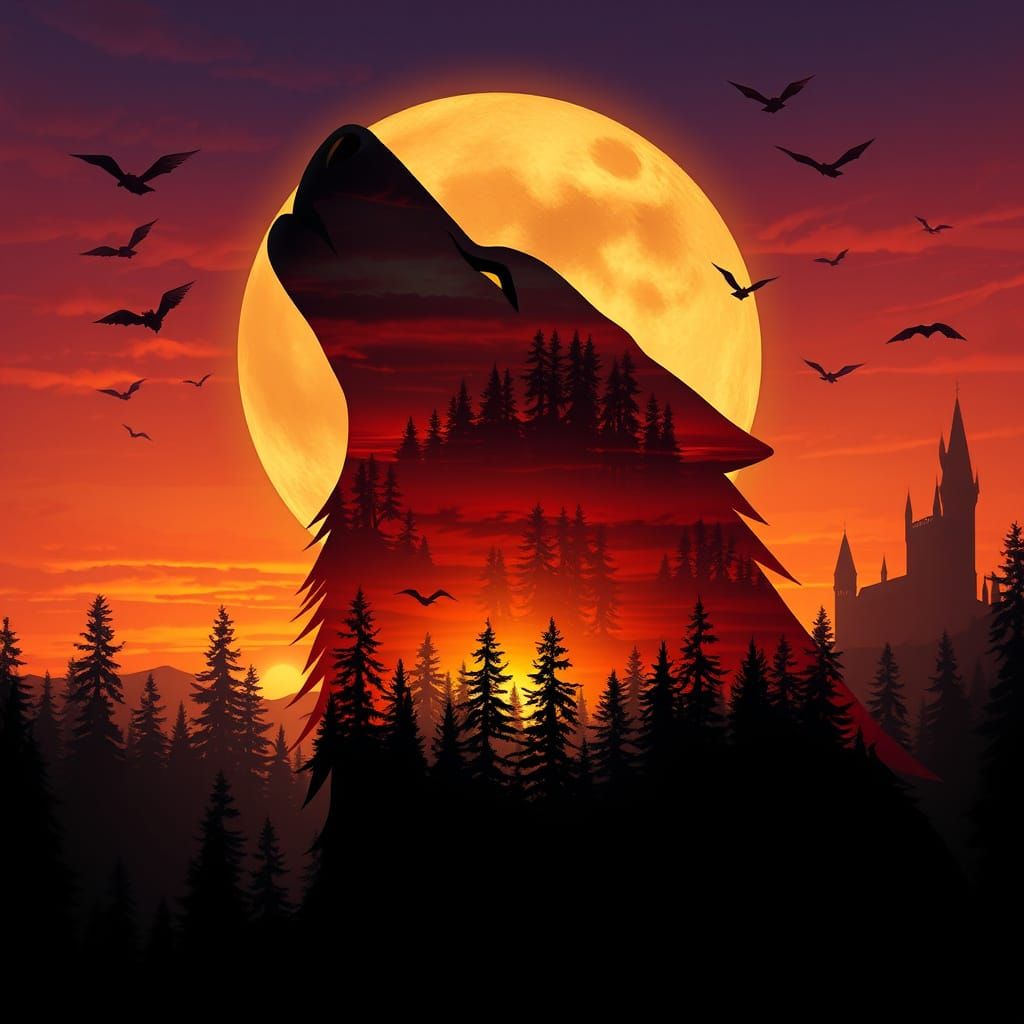 Fantasy Wolf Silhouette in Vibrant Sunset Landscape