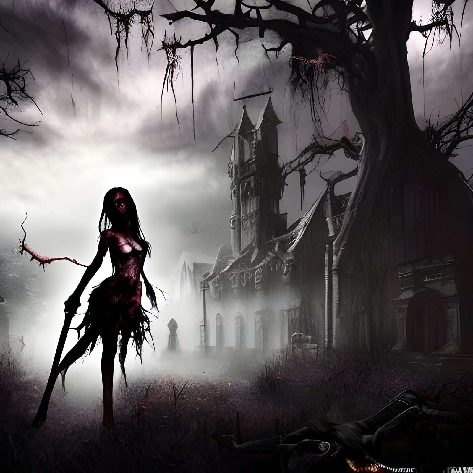 Undead Zombie Girl in Dark Fantasy Landscape