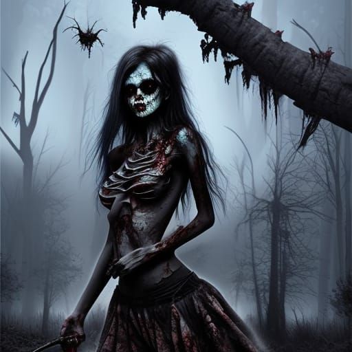 Undead Zombie Girl in Dark Fantasy Landscape