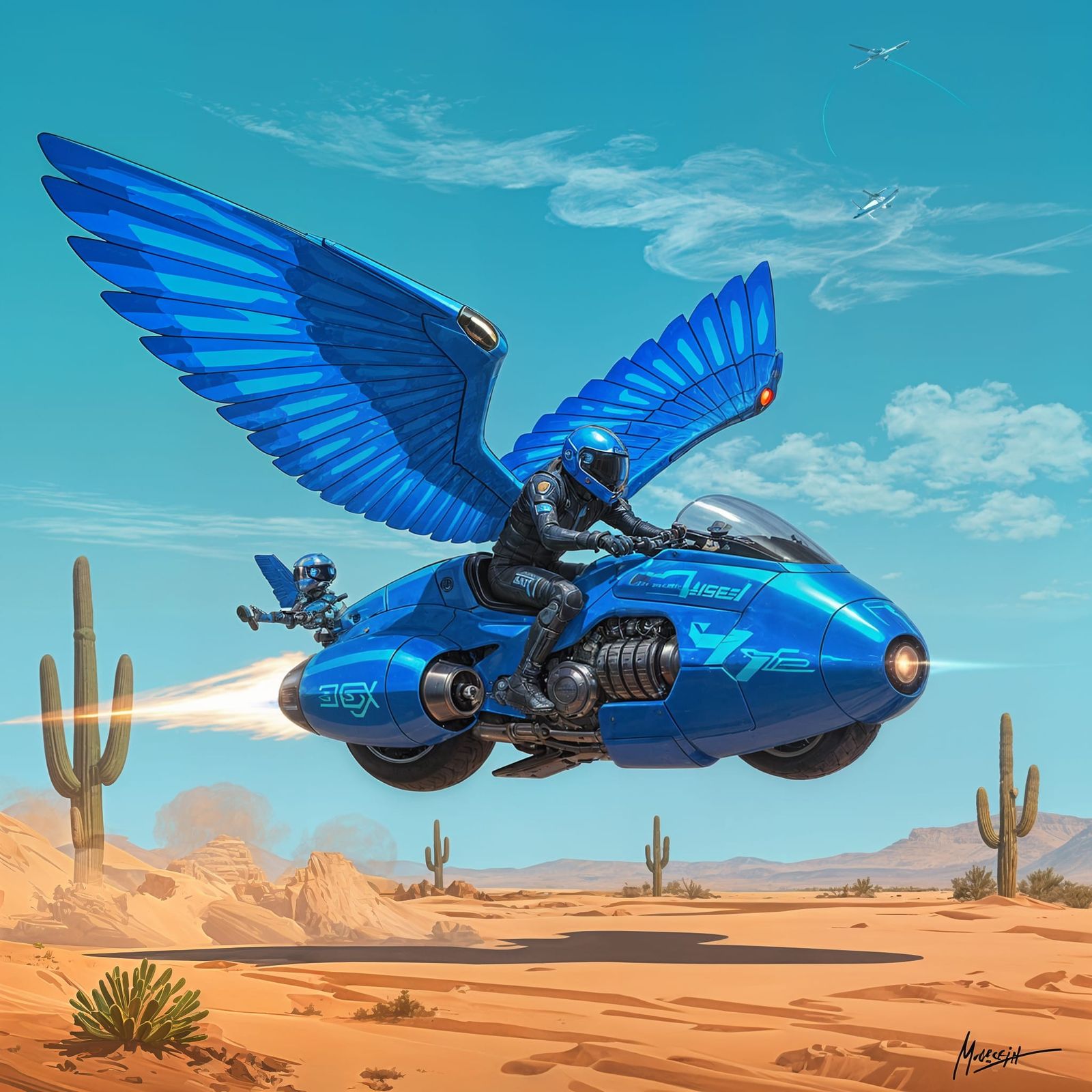 Ethereal Sci-Fi Motorcycle Rider in Dusty Desert