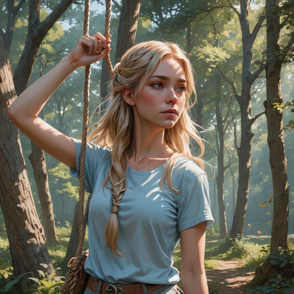 Blonde Girl on Rope Swing: Hyperdetailed Art Portrait