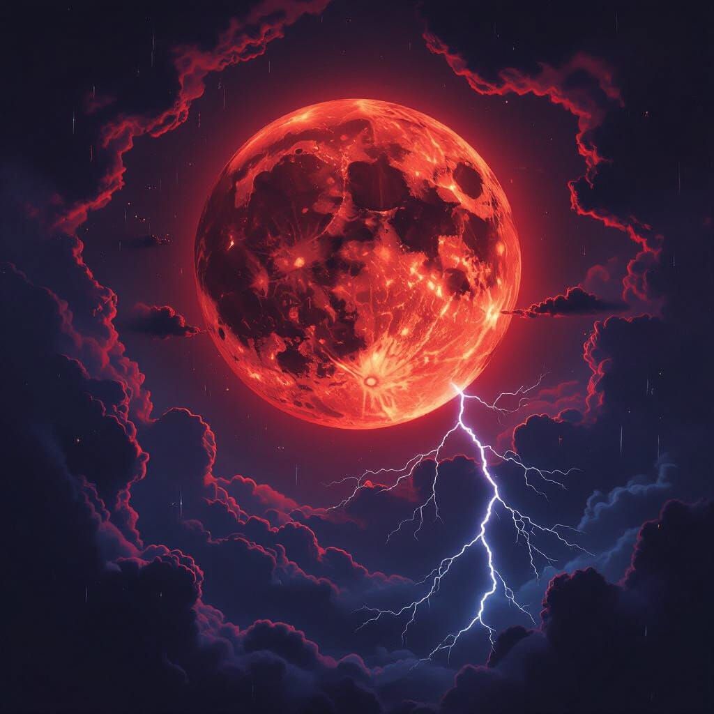 Blood Red Moon Ominously Shines in Dark Fantasy Thunderstorm