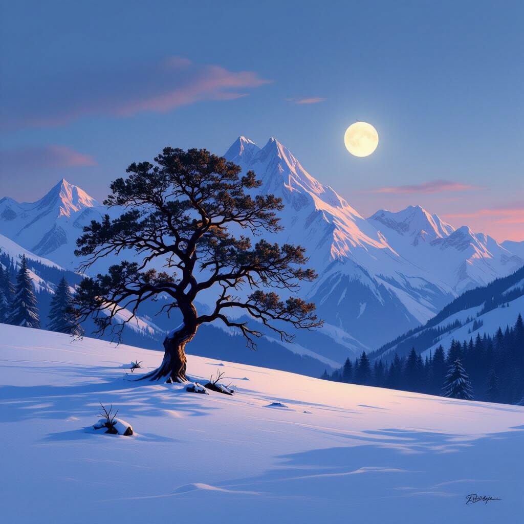 Ancient Tree in Snow Mountains Under Twilight Sky