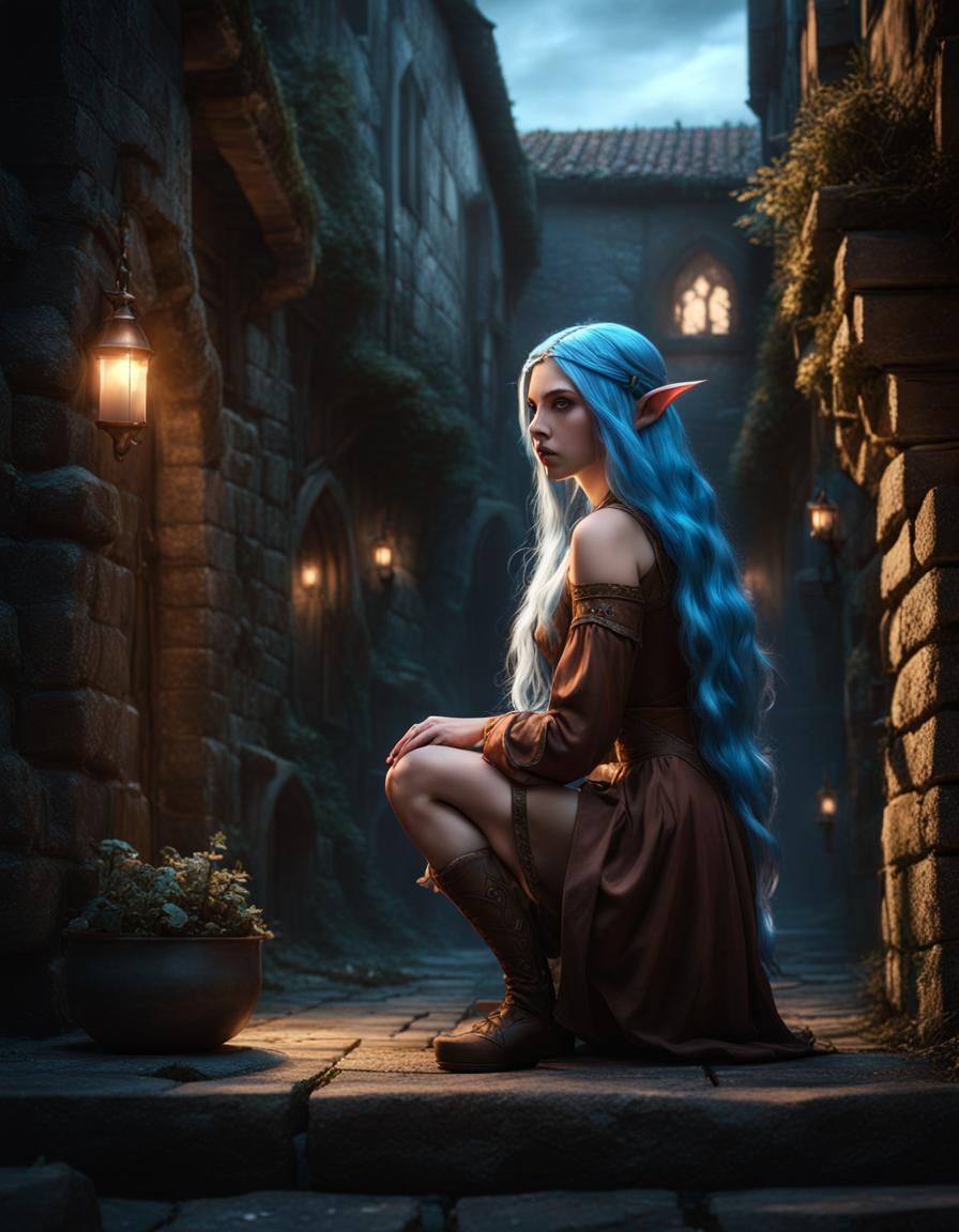 Elf Girl Kneeling in Medieval Alley, Fantasy Art