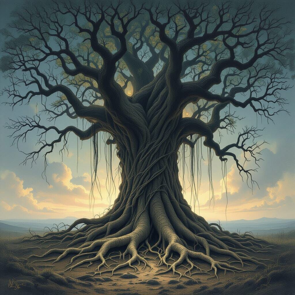 Ancient Tree Roots Entwined with Human Hair in Twilight