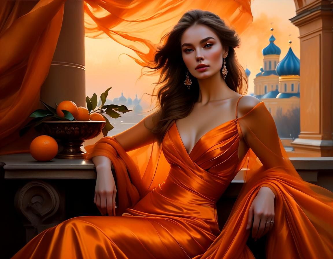 Elegant Woman in Orange Gown, Oil Painting
