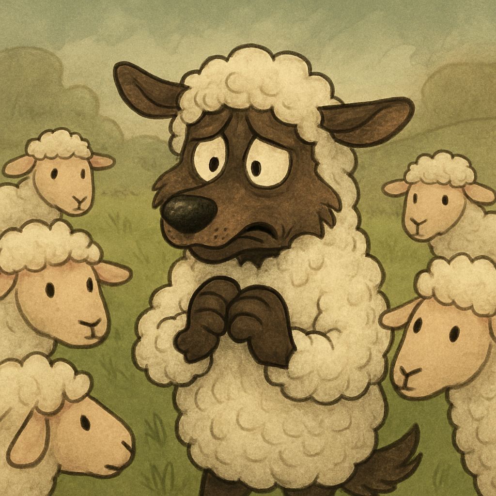 Anxious Wolf in Lamb Costume Cartoon
