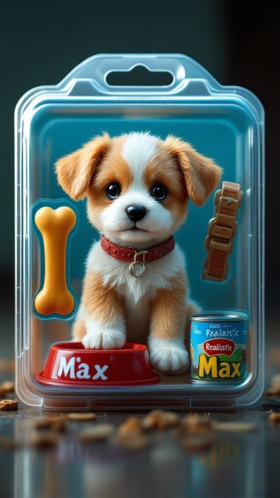 A Hyperrealistic Toy Puppy in a Blister Pack Toy Case