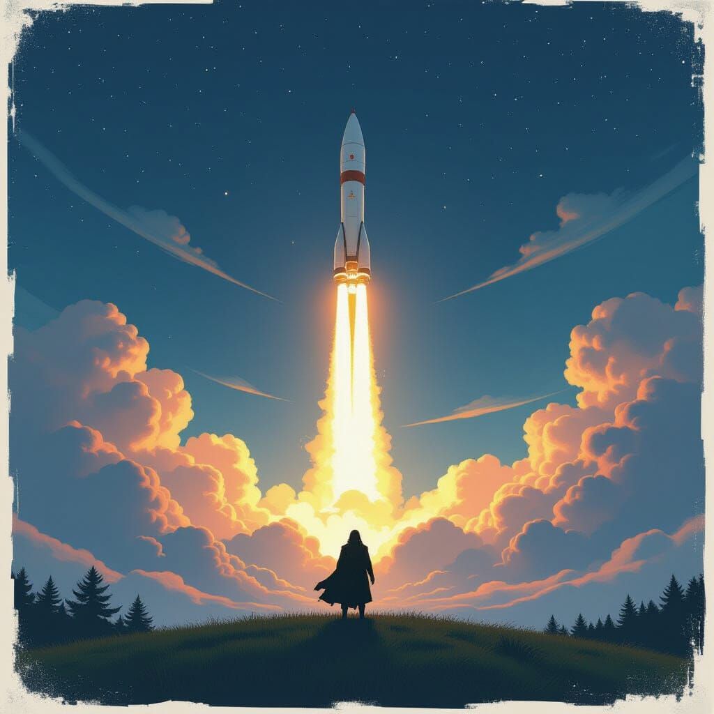 Druid Watches Rocket Launch: Fantasy Concept Art