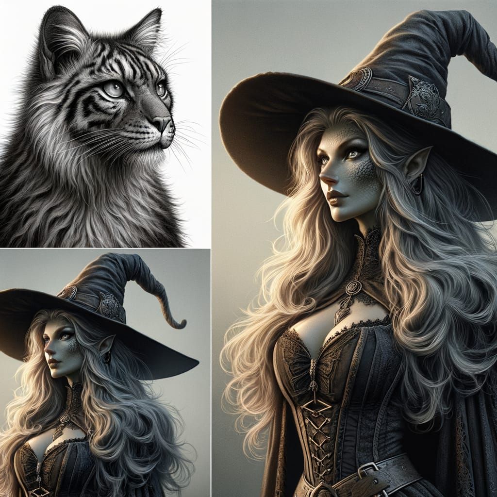 Majestic Feline Witch in Pointed Hat, Detailed Fantasy Scene