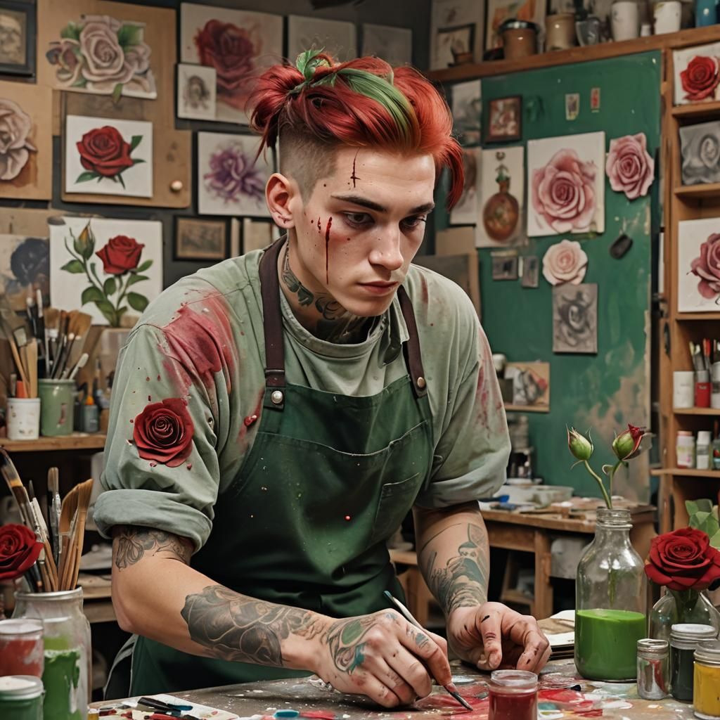Boy Painting Glass Rose in Dreamlike Matte Painting