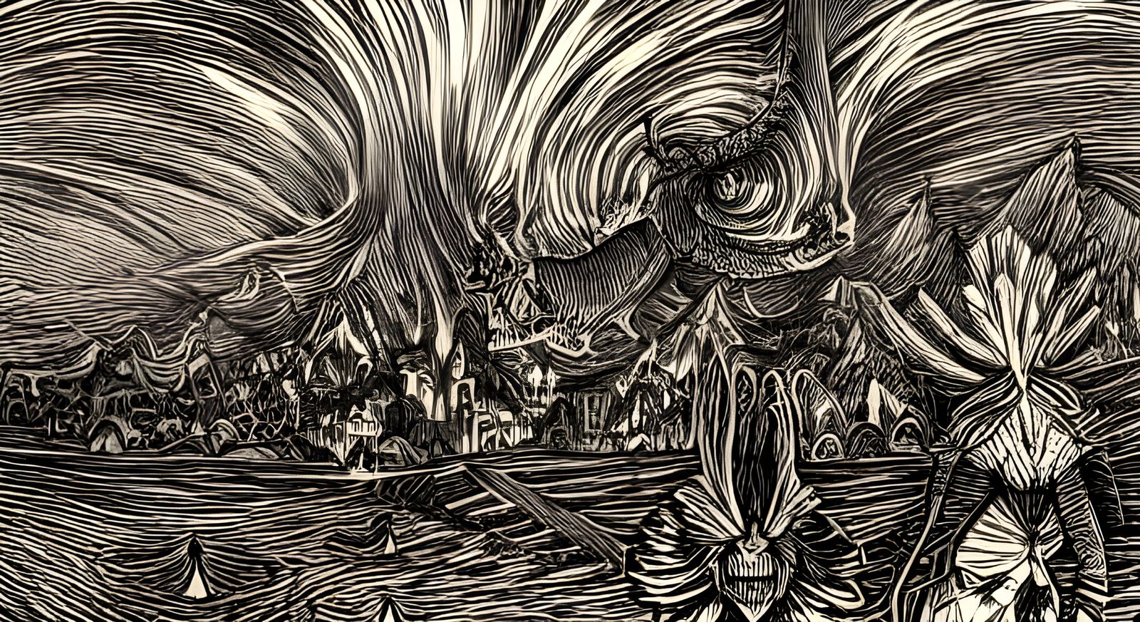 Ethereal Ink Drawing of Interconnected Figures