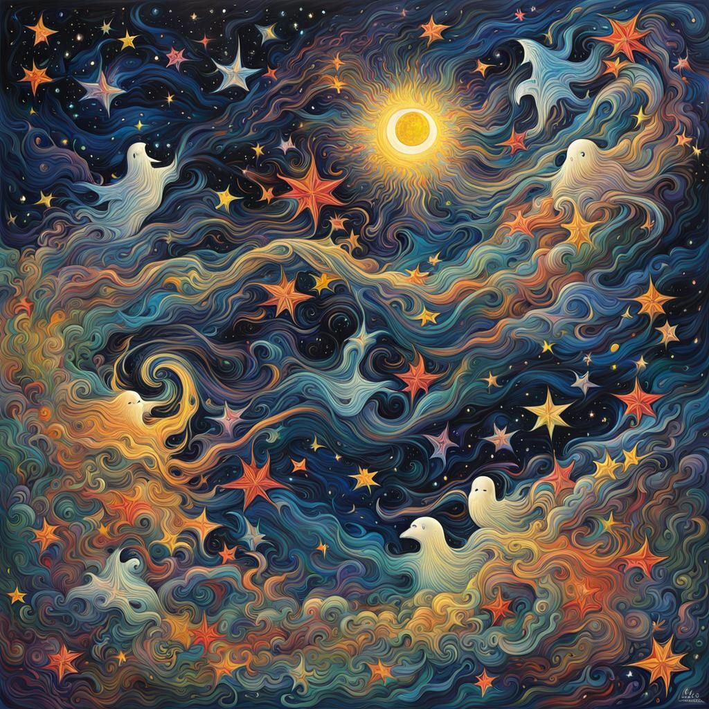 Intertwined Souls in Starry Night Abstract Expressionism