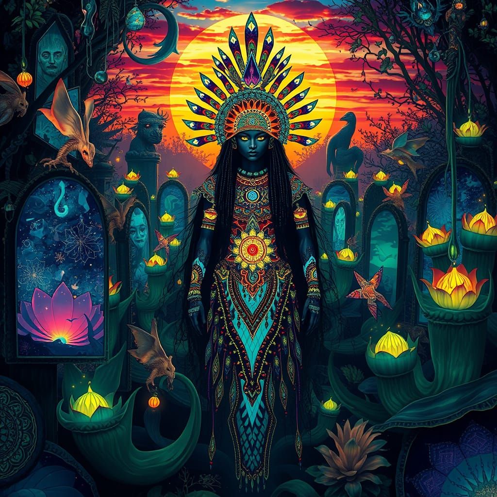 Mystical Shaman in Shattered Mirror Labyrinth, Bioluminescen...