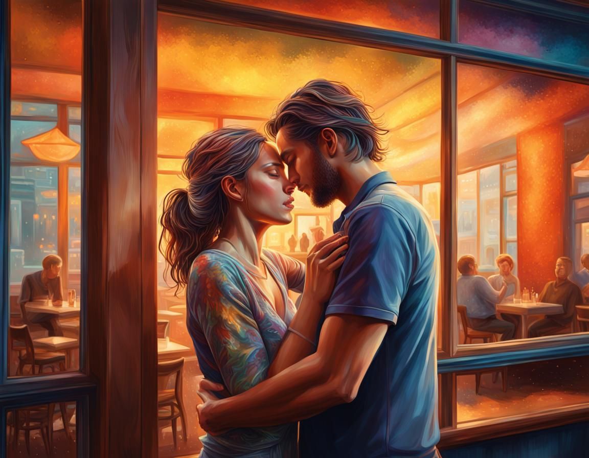 Hyperrealistic Couple Embracing in Colorful Cityscape