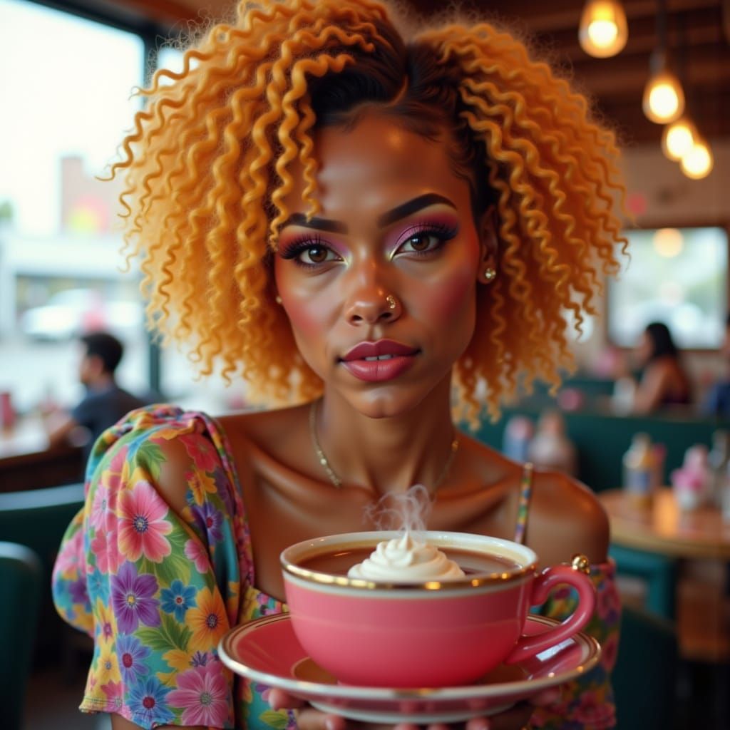 Dreamy Portrait of Androgynous Figure in Vibrant Diner