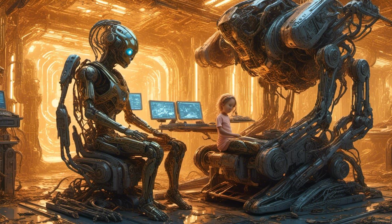 Cybernetic Mother Cradles Infant: Digital Art