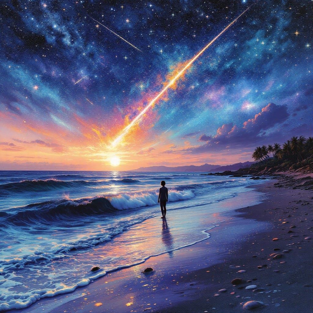 Starry Beach at Dusk in Vibrant, Cosmic Style