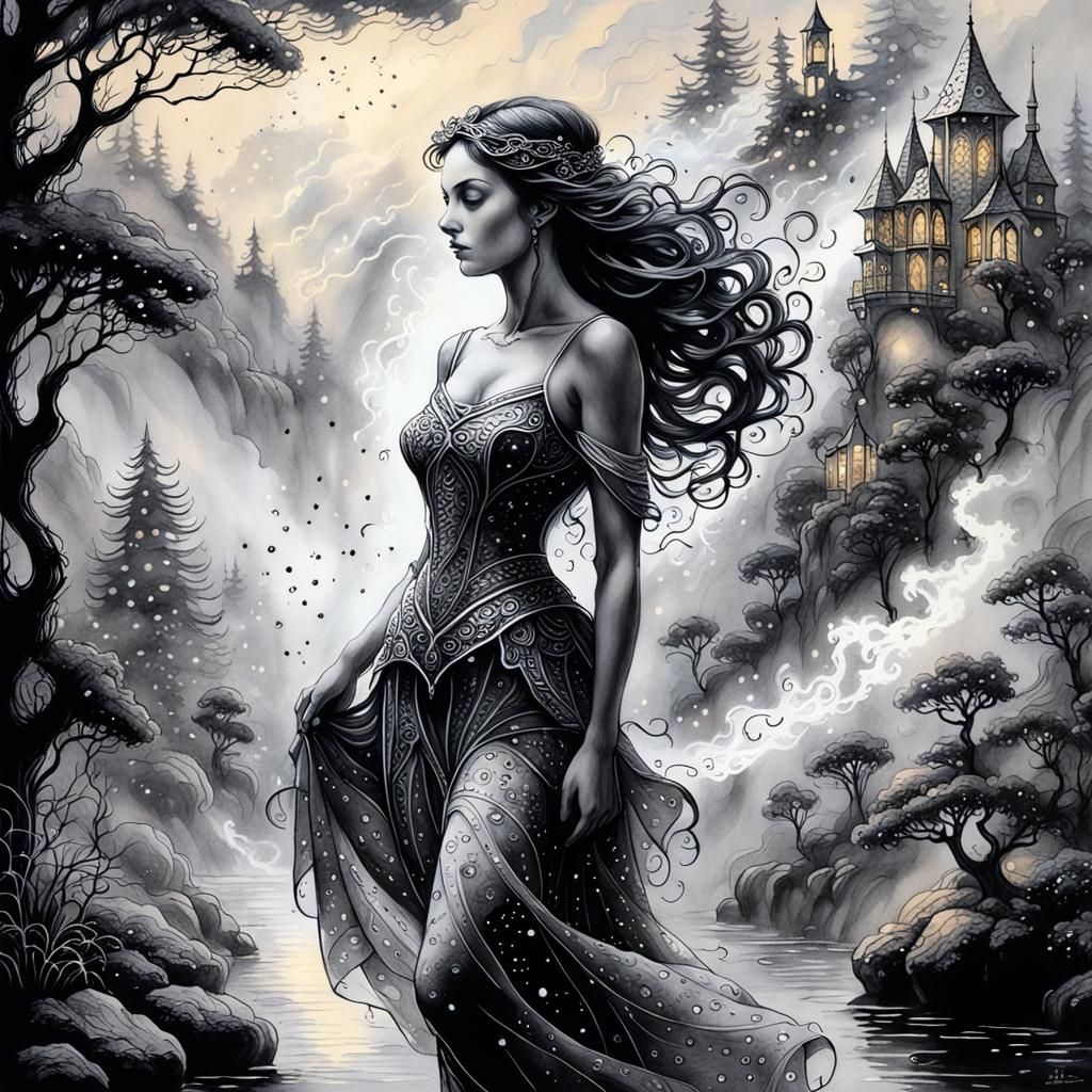 Ethereal Ink Drawing: Woman Emerges from Mist