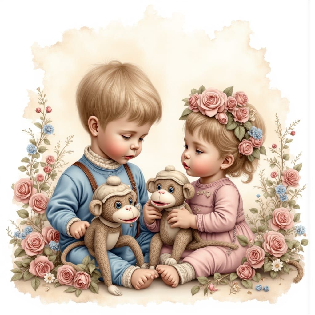 Ethereal Watercolour of Siblings with Sock Monkeys