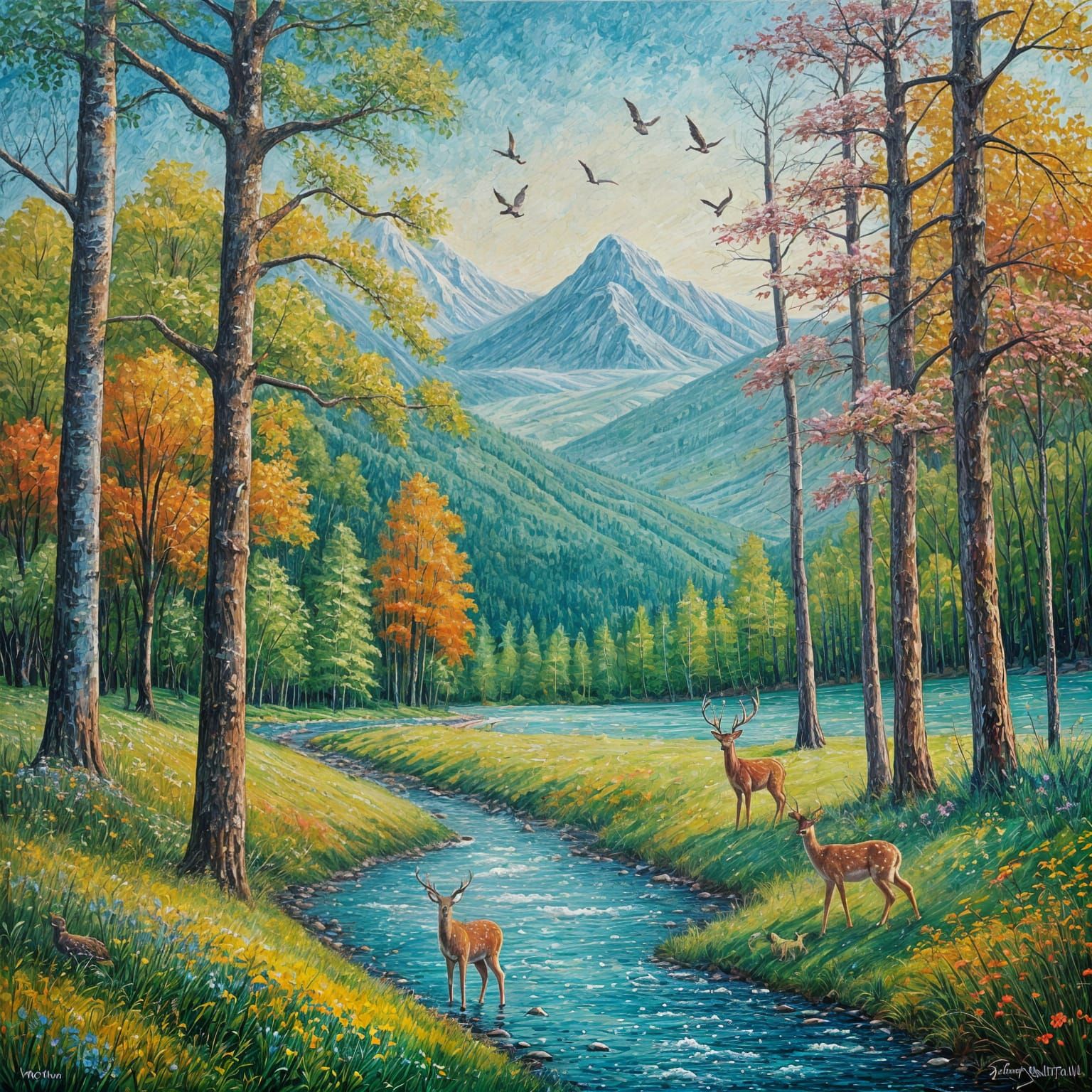 Neo-Impressionist Forest Landscape with Wildlife
