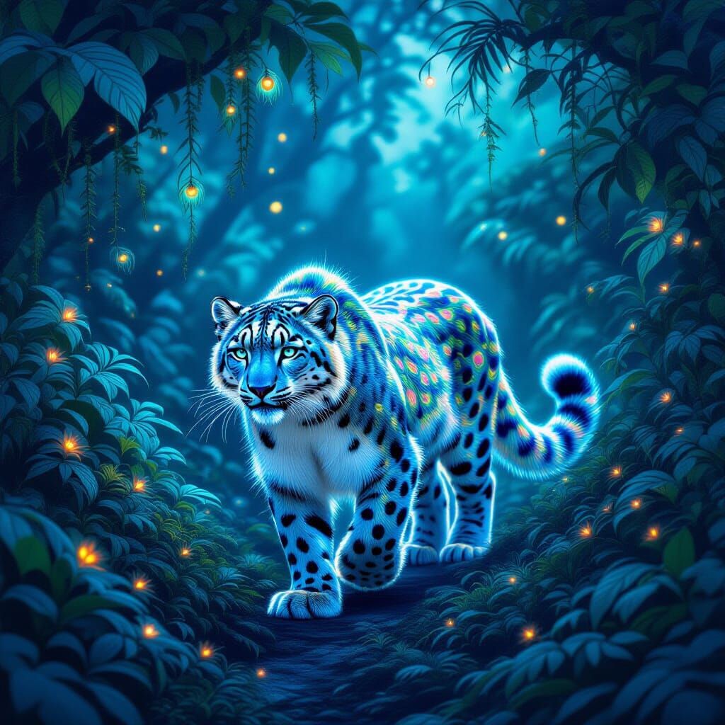 Snow Leopard With Peacock Plumage In Bioluminescent Jungle