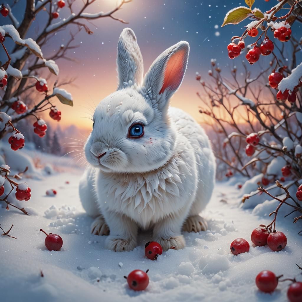 Baby Bunny with Berries in Snowy Sunset