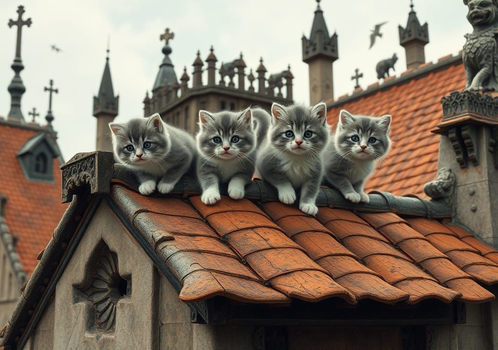 Kittens Explore Gothic Building in Folk Art Style