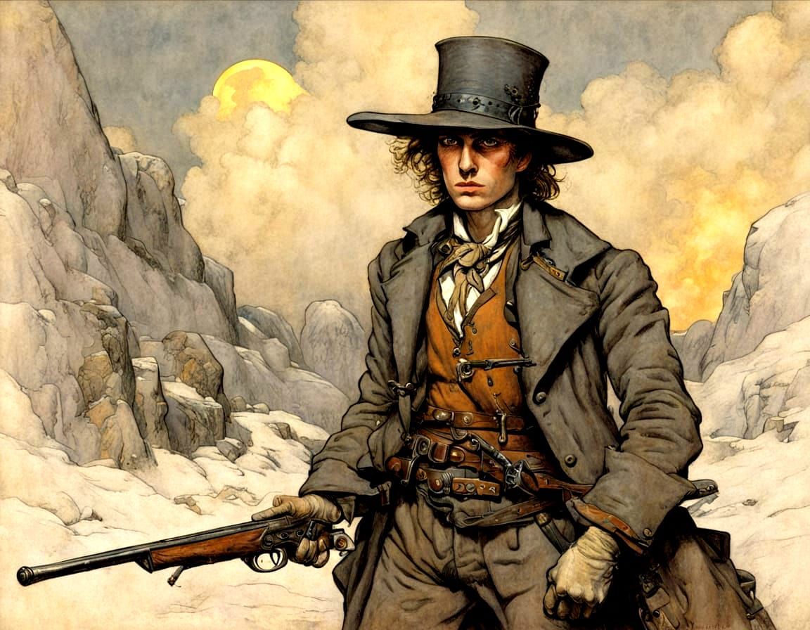 Full color Painting of an 1880s gunslinger by arthur rackham