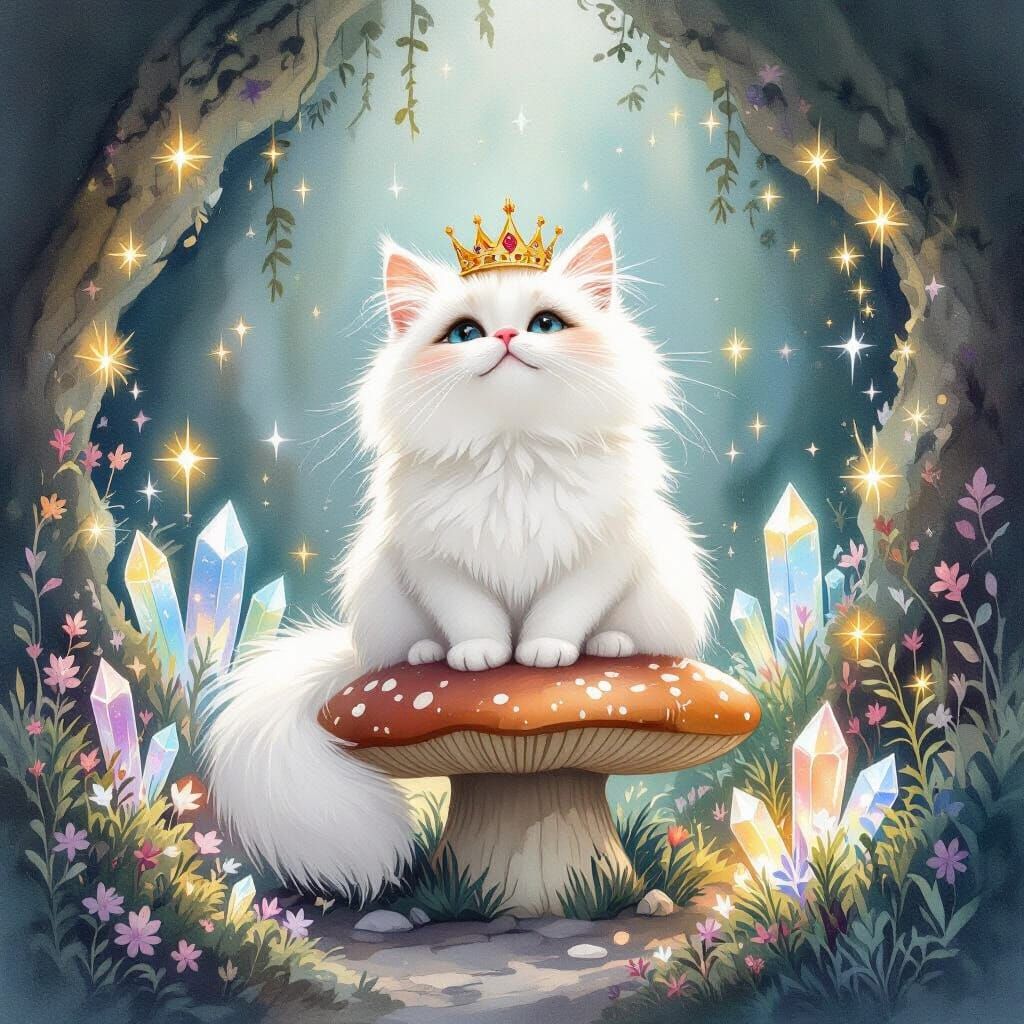 Cat Queen on Mushroom Throne in Watercolor Style