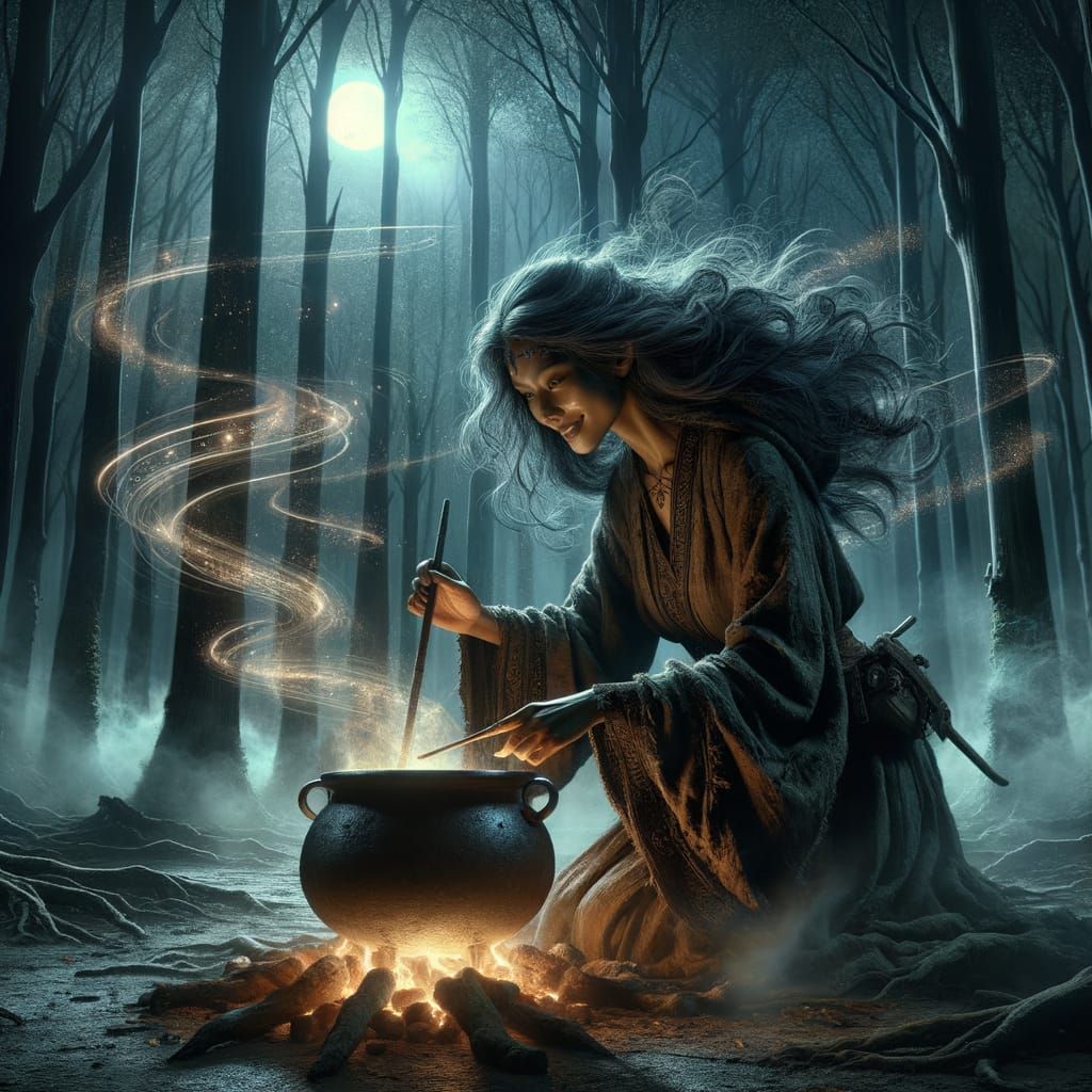 South Asian Witch Brews Magic in Ancient Forest Clearing