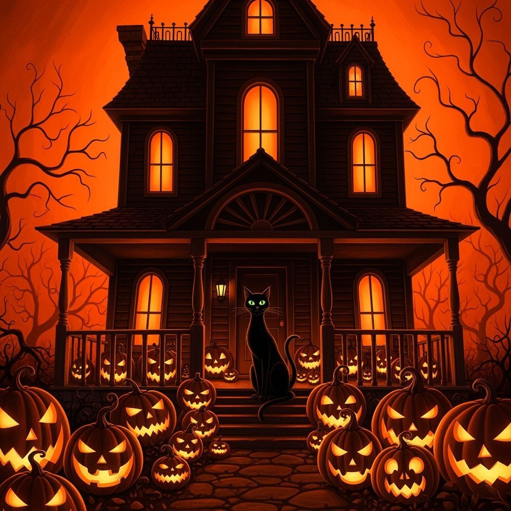 Haunted Halloween House with Black Cat and Jack-o'-Lanterns